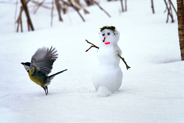 Snowman in the snow. Winter storytelling, can be used for holiday greeting cards, postcards, invitations, advertising, marketing. Single snowman snow snow and dark blue background. Copy space. Not AI