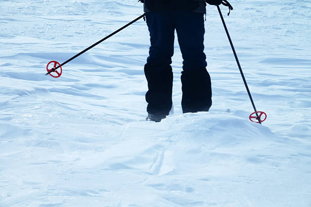 Skier's legs and skis (back position). Tourist skier on a long distance route