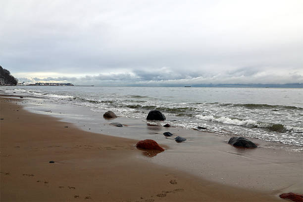 Overcast Day at a Beach with Gentle Waves and Distant Shore