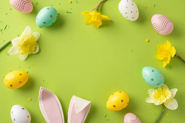 istock Bright Easter scene with pastel egg accents, yellow daffodil blooms, and soft bunny ears on a vivid green backdrop, perfect for holiday greeting and spring celebration imagery 2255071728
