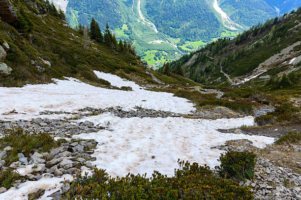 A view of a ridge of jagged, high, snow-covered mountains in the French Alps. Photo taken from the Aiguille du Midi mountain. Chamonix. large snow cover with footprints is visible