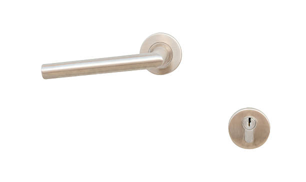 istock One silver door grip or handle with separated keyhole isolated on white background with clipping path 2255079177
