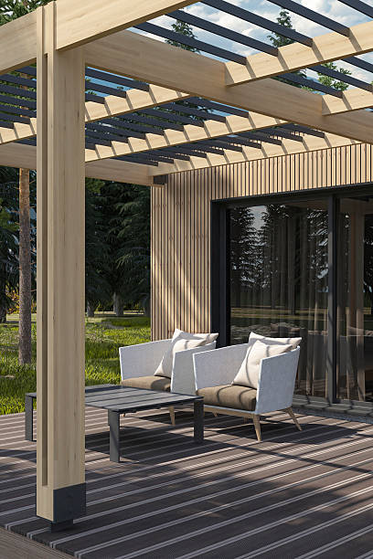 istock Scandinavian Modern Villa or Weekend House with Pine Wood Paneling Facade and Canopy 2255079324