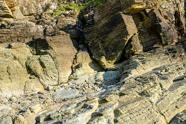 Angular sedimentary rocks at Cap de Carteret display striking layers and rugged textures, illuminated by warm afternoon sunlight. The scene highlights geological detail and natural earth tones.