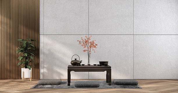 istock Mock up interior concept Empty room wood docoration wall on tiles floor. 3D illustration rendering 2255084919