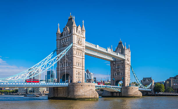 City of London financial district skyscrapers overlooking the River Thames Embankment framed by Tower Bridge, UK.