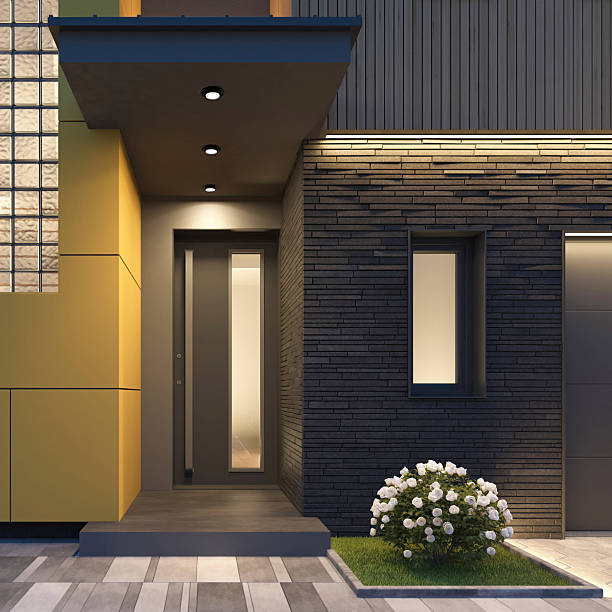 istock Modern Luxury Two-story Villa with garage and with Illuminated Pathway at Dusk 2255086018