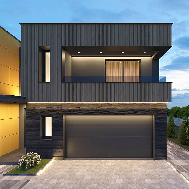 istock Modern Luxury Two-story Villa with garage and with Illuminated Pathway at Dusk 2255086094