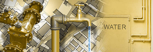 Drinking water facilities in our city - concept image with faucet and hydraulics system against an imaginary city map.
