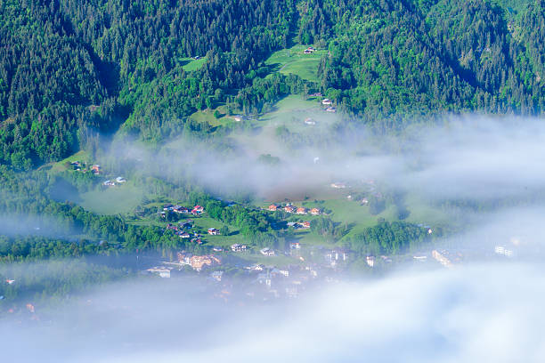 Sunlit alpine houses and green meadows emerge between layers of morning mist, surrounded by dense evergreen forest on a steep hillside near Chamonix. The scene is vibrant and tranquil with soft, diffused light.