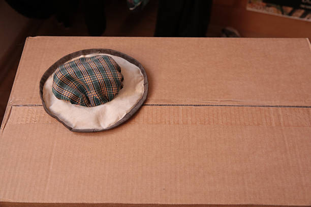 Plaid fabric hat on cardboard box