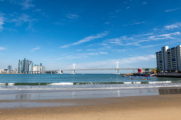 Gwangalli Beach and the Gwangandaegyo Bridge (also called the Diamond Bridge) in Busan, South Korea (September 18, 2019)