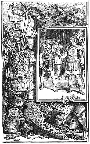Roman soldiers in full armor surrounded by detailed weapons, shields, and military emblems, showing a historic martial encounter and military culture, old vintage illustration, 1880