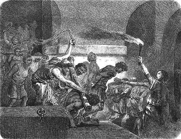 istock Roman soldiers capturing and whipping prisoners in a dark, torch-lit environment, showing the brutal practice of slavery and conquest aftermath, old vintage illustration, 1880 2255103178