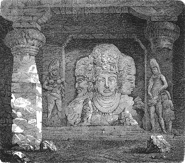 A colossal carved stone sculpture of the three-headed Trimurti (Brahma, Vishnu, Shiva) flanked by pillars in an ancient temple setting, showing Hindu divine unity and temple art, old vintage illustration, 1880.