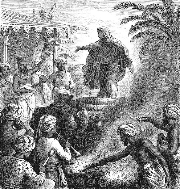 istock A traditional Indian ritual scene with musicians, offerings, and a central figure amidst smoke and fire, depicting the historical practice of sati, old vintage illustration, 1880 2255103285
