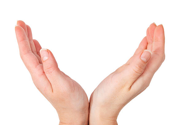Outstretched cupped hands together of woman - isolated on black background