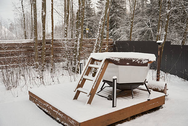 istock Frozen outdoor spa area surrounded by leafless trees and wintry sky 2255108732