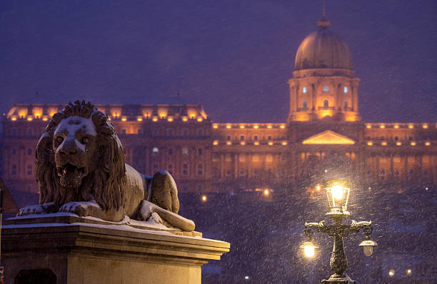Budapest, Hungary - January 6, 2026: A snow-dusted stone lion statue on the Chain Bridge stands before the glowing Buda Castle and an ornate street lamp during a heavy winter snowfall.