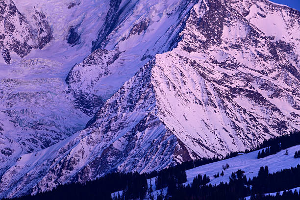 Aiguille de Bionnassay's dramatic snow-covered slopes are tinted with soft purple hues at dawn, with rugged textures and forested foothills in the French Alps.
