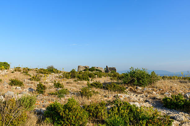 Ancient stone ruins of a castle sit atop a sunlit, rocky hillside scattered with dry grass and low shrubs, beneath a clear blue sky with distant mountains on the horizon.