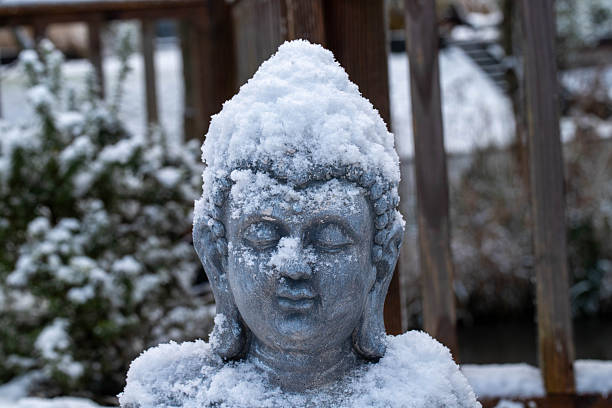Close-up of the head and shoulders of a gray Buddha statue in a garden, covered with snow.