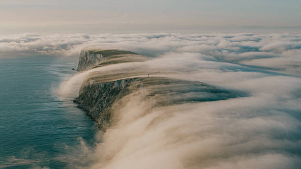 The sky is cloudy and the ocean is in the background. The clouds are white and fluffy, and they are covering the entire sky