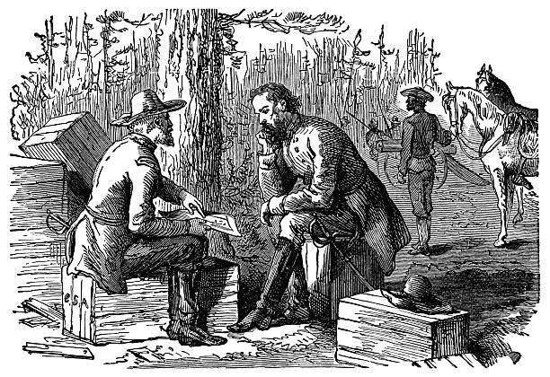 Robert E. Lee and Stonewall Jackson planning the Battle of Chancellorsville during the American Civil War in Virginia, USA (circa 1863). Vintage etching circa 19th century.