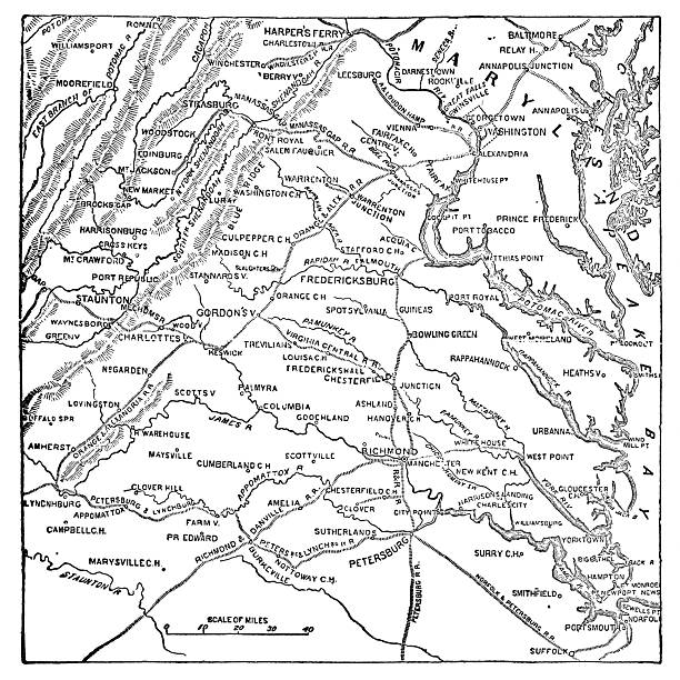 Map of Robert E. Lee’s advance to the Battle of Gettysburg during the American Civil War through Virginia and Maryland, USA (circa 1863). Vintage etching circa 19th century.