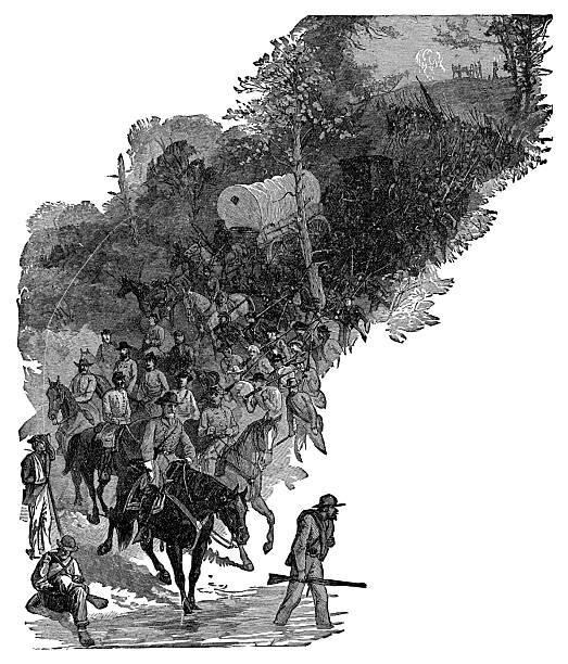 Robert E. Lee a the Confederate army retreating during the American Civil War in Virginia, USA (circa 1865). Vintage etching circa 19th century.