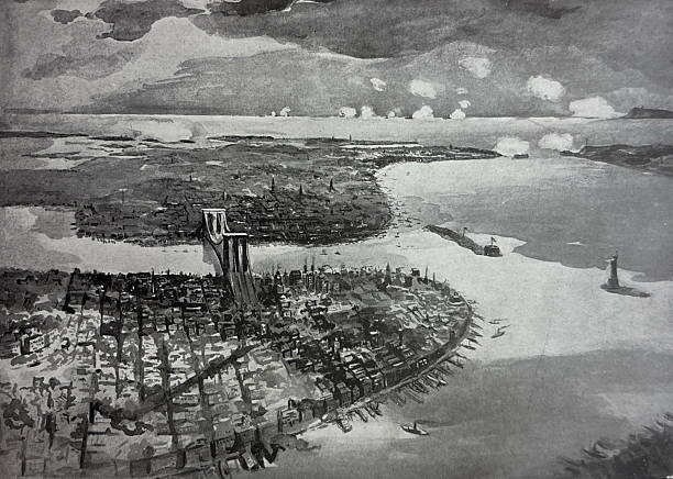 Antique illustration pre 1900 - view of New York Harbor in war times
