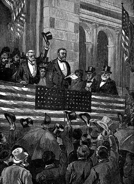 President Ulysses S. Grant opening the  Centennial Exposition World’s Fair in Philadelphia, Pennsylvania , USA (circa 1876). Vintage etching circa 19th century.
