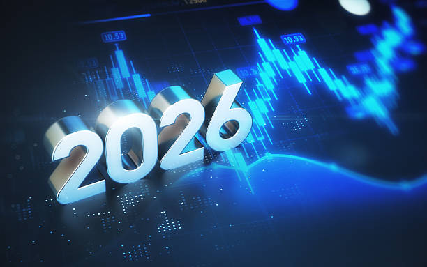 istock New Year 2026 with Metallic Reflections on Blue Light Finance Background 2255137513