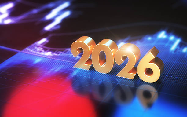 istock New Year 2026 with Metallic Reflections on Blue Red Light Finance Background 2255137554