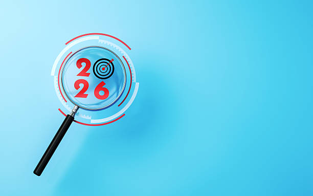 istock Red 2026 target icon selected with metallic magnifying glass on soft blue background 2255137591