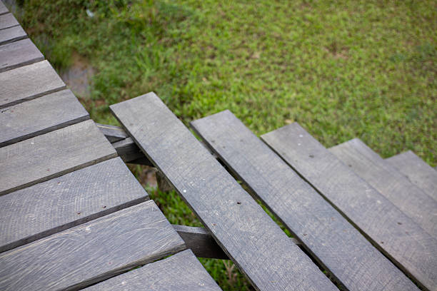 Wooden steps on grassy outdoor pathway