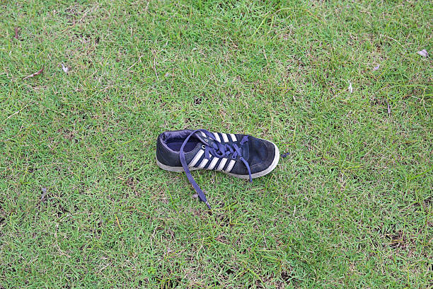 Someone left their shoe behind after a fun day on the grass.