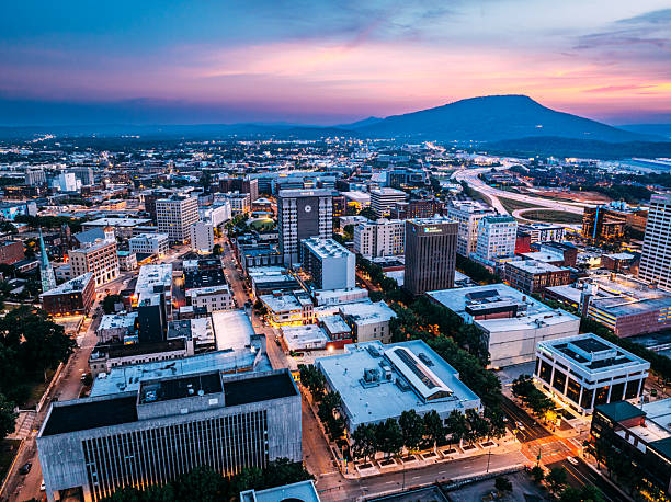 Elevated View of Chattanooga Tennessee with a Vibrant-Colored Sunset at Dusk