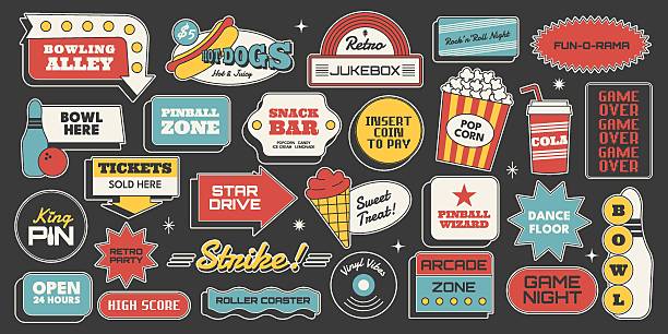 Retro sticker set. Bowling, arcade, jukebox, hot dog, popcorn, cola and entertainment signs in midcentury 50s style. Vector illustration for fun, party, posters, retro vibes