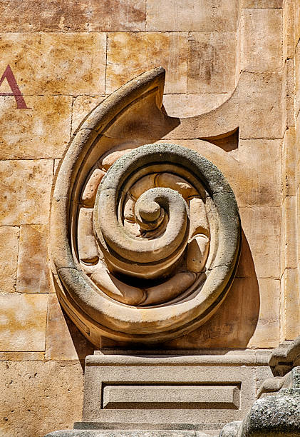A decorative stone architectural element with a spiral form on the outside of a church in Salamanca resembles a scroll.