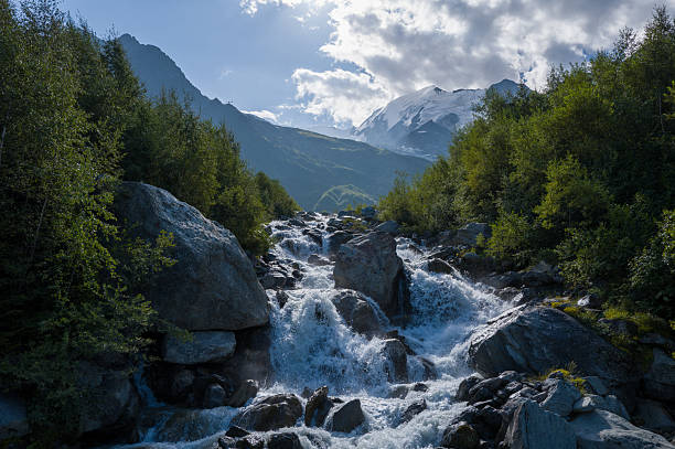Rushing alpine creek tumbles over boulders between lush green trees, with dramatic mountains and a partly cloudy sky in the background.