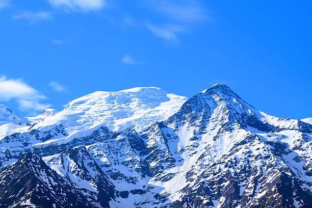 Jagged snow-covered ridges of Mont Blanc and Aiguille du Gouter stand out against a brilliant blue sky, with crisp sunlight revealing intricate textures on the alpine slopes.