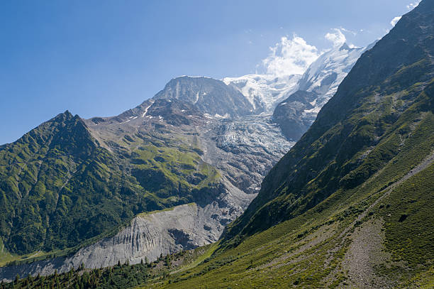 Mont Blanc mountain peak covered in snow with rocky green foreground under a bright blue sky with light clouds during daytime in the French Alps region