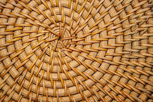 Close-up of a beautifully woven natural straw or rattan texture, forming intricate circular and radial patterns. Ideal for backgrounds, crafts