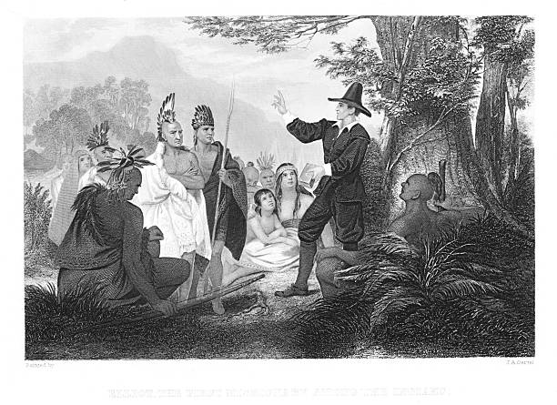 Puritan John Eliot was the first missionary to Native Americans. He preached and translated the Bible into the Algonquian language in Massachusetts, 17th Century.  Steel engraved illustration published 1874. Copyright expired; artwork is in Public Domain.