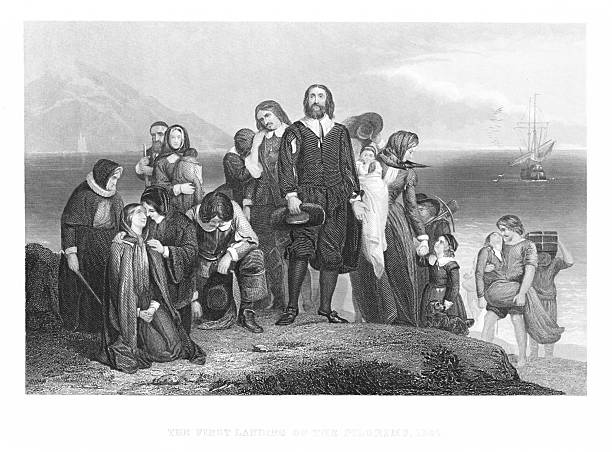 English Pilgrims, Protestant Puritans, colonized Plymouth, Massachusetts, in 1620. Puritans escaped religious persecution in England. Steel engravings published 1874. Original edition is from a history book in my own archives. Copyright has expired and is in Public Domain.