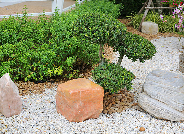 A beautiful Zen garden featuring manicured bonsai-style trees, decorative orange and grey stones, and white gravel.