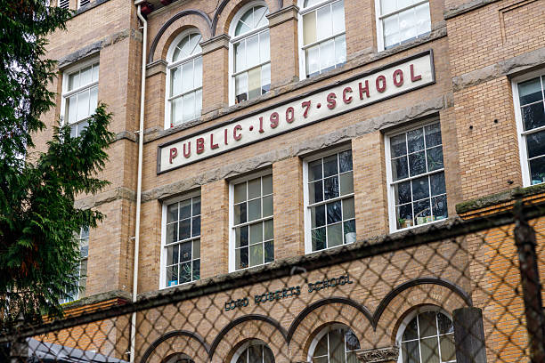 Historic Lord Roberts Elementary School brick facade showing PUBLIC 1907 SCHOOL signage with arched windows