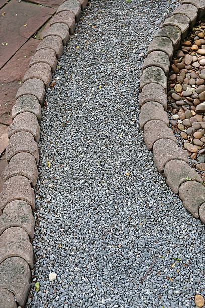 istock A winding garden path filled with grey crushed stone and bordered by decorative stone edging. 2255175568