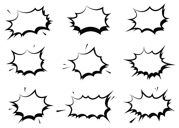 Retro comic blast explosion set with bang boom burst effects, pop art cartoon illustration in vintage style featuring action bubbles, dialog frames, fun graphic elements on white background